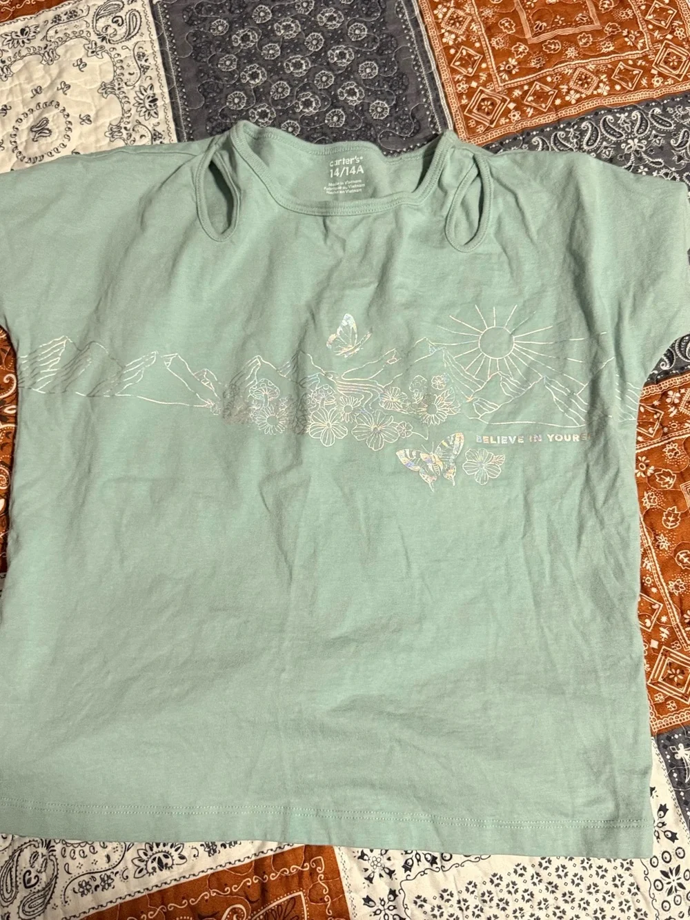 Carter’s Girls Size 14 14A Light Green Short Sleeve Shirt Believe in Yourself